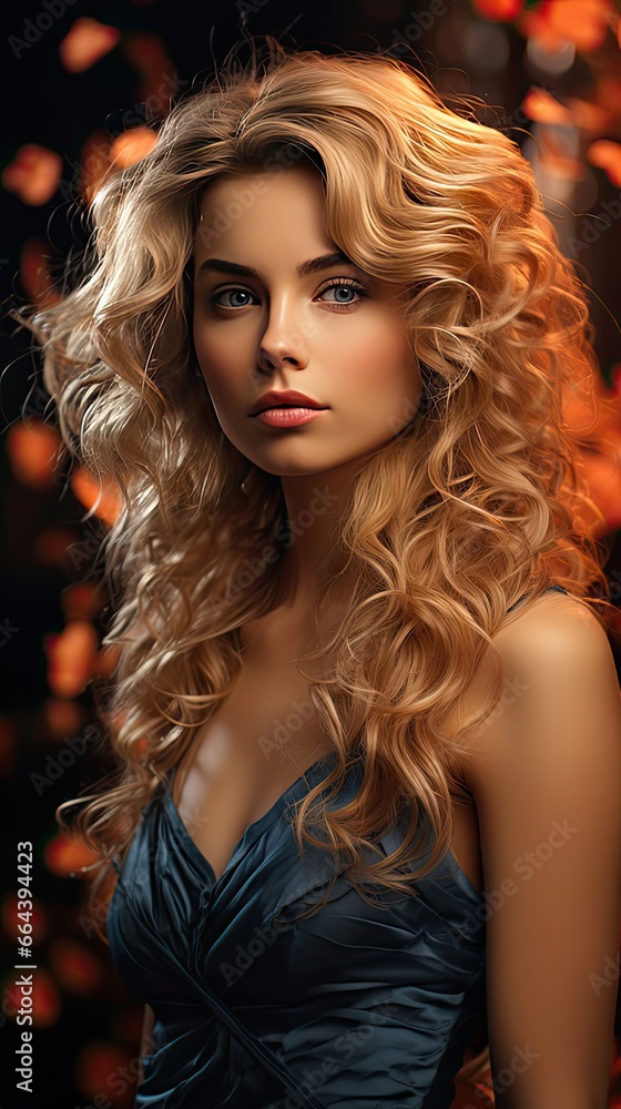Beauty blonde girl with long and shiny wavy hair. Beautiful woman model with curly hairstyle. Fashion, cosmetics and makeup. Model illustration. Generative AI