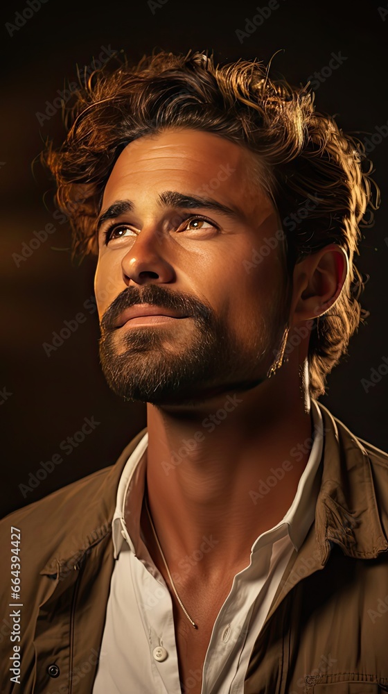 Profile side of young handsome bristle man confident look empty space over background. Man face portrait illustration. Generative AI Profile side of young handsome bristle man confident look empty space over background. Man face portrait illustration. Generative AI