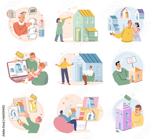 House for sale. Vector illustration People looking for home evaluated propertys potential for future appreciation Buying new home required considering future needs and growth family Renting