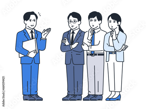 男性コンサルタントから説明を受ける3人の会社員のシンプルな全身イラスト素材