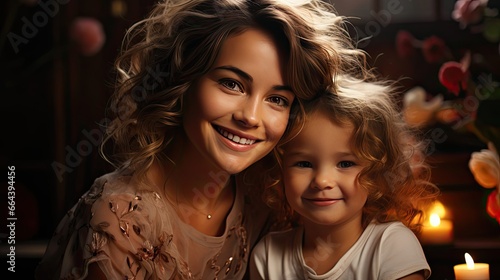 Woman in light clothes have fun with cute child baby girl 4-5 years old. Mommy little kid daughter on background studio portrait. People portrait illustration. Generative AI