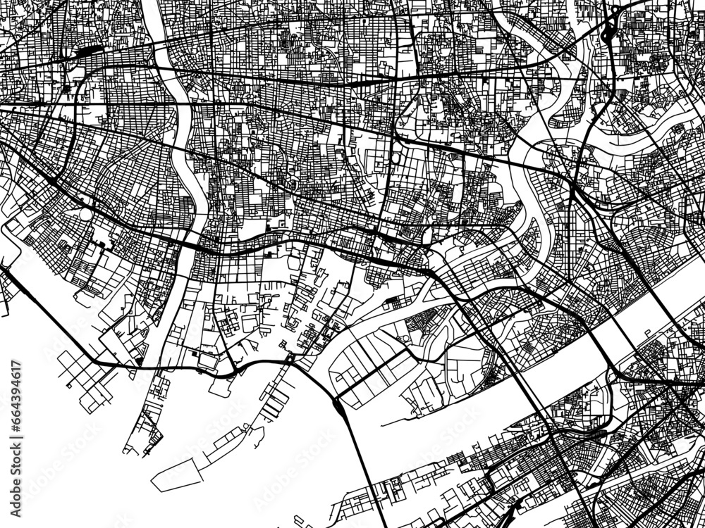 Vector road map of the city of  Amagasaki in Japan with black roads on a white background. 4:3 aspect ratio.