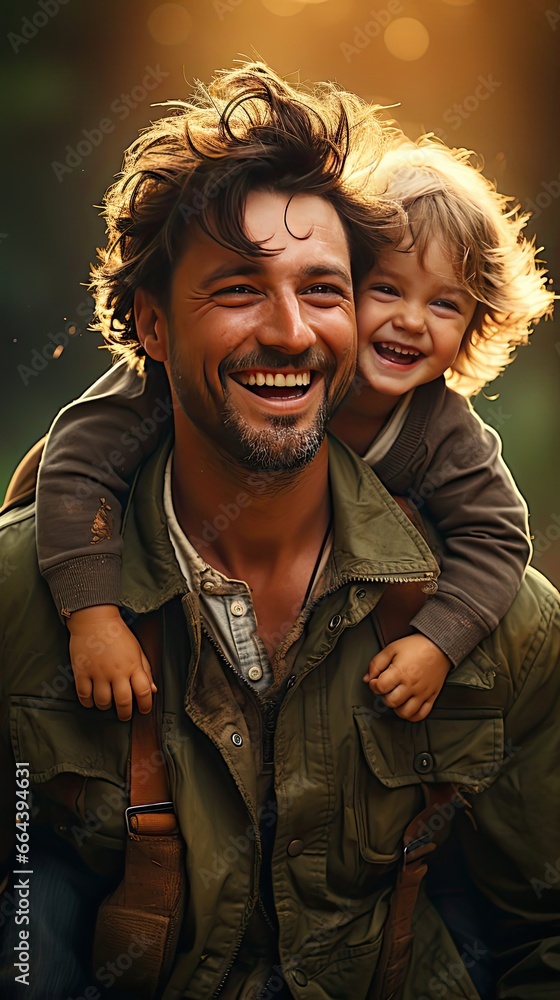 Obraz premium Father and son in the park. Fathers day silhouette happy family child dream concept. father carries his son on his back. People portrait illustration. Generative AI