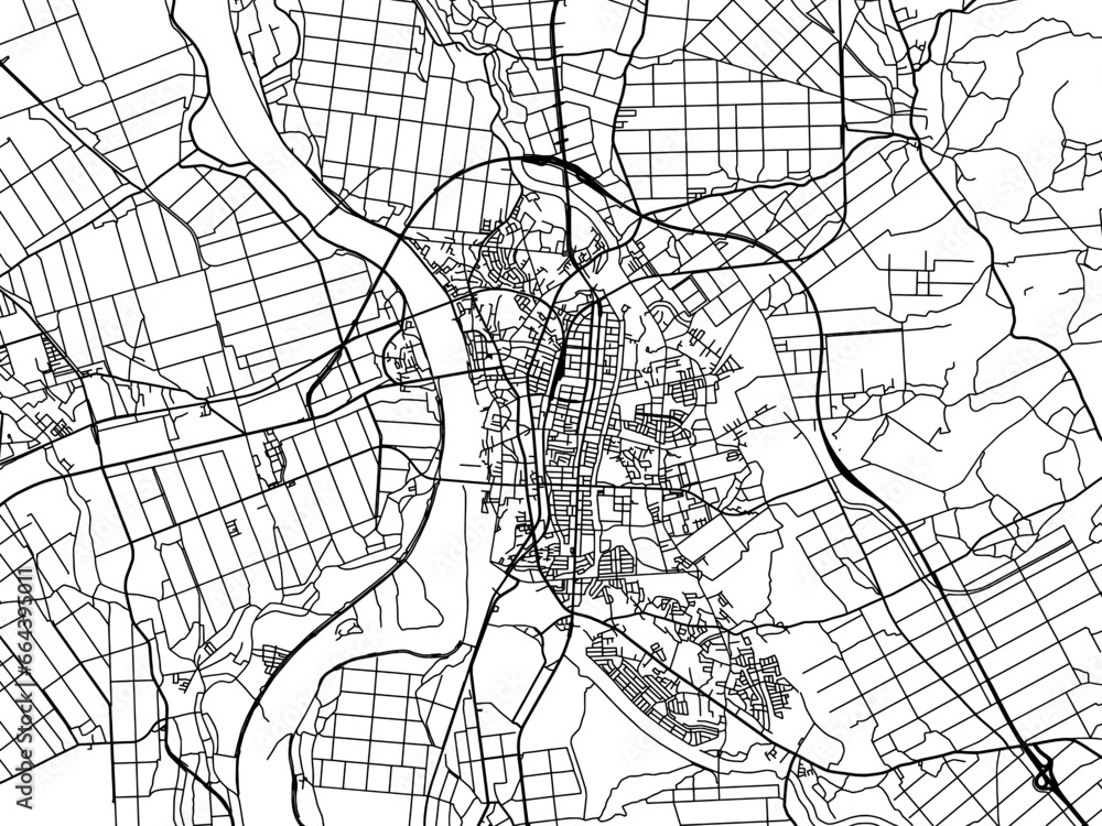 Naklejka premium Vector road map of the city of Goshogawara in Japan with black roads on a white background. 4:3 aspect ratio.