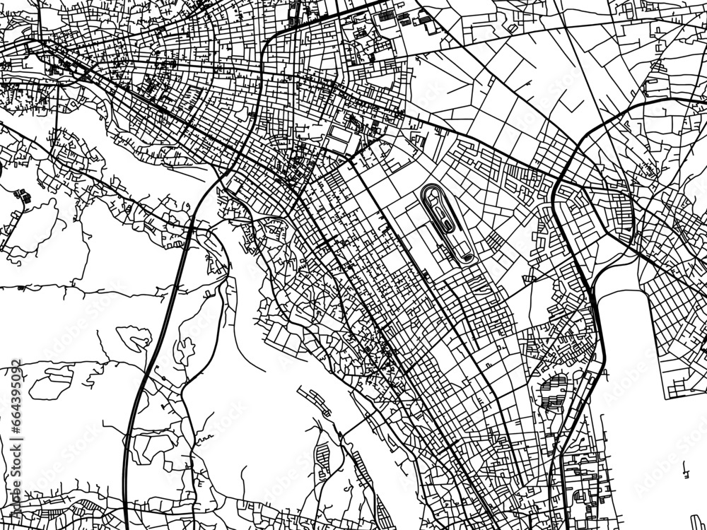 Fototapeta premium Vector road map of the city of Hamura in Japan with black roads on a white background. 4:3 aspect ratio.