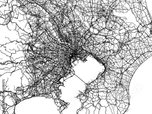 Vector road map of the city of  Greater Tokyo in Japan with black roads on a white background. 4:3 aspect ratio.