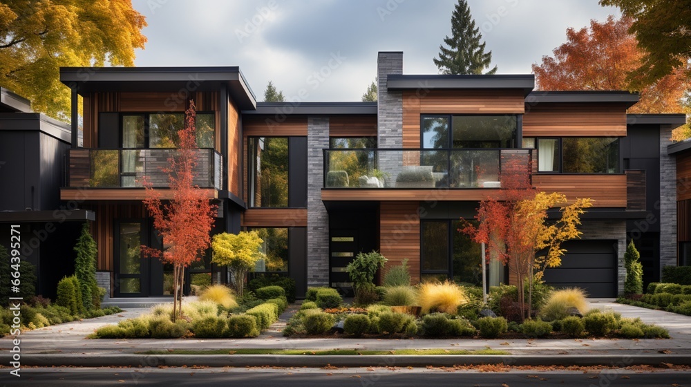 Residential architecture exterior showcases brick row private houses