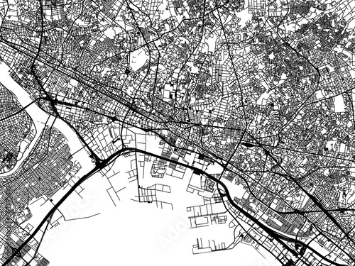 Vector road map of the city of  Honcho in Japan with black roads on a white background. 4:3 aspect ratio.