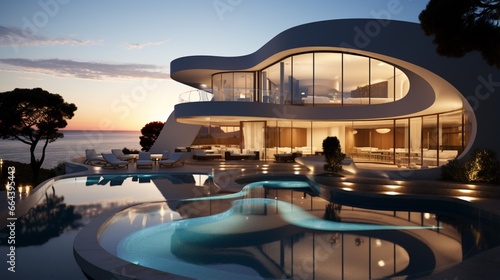 Rich house with round curved shapes, featuring the exterior of modern luxury minimalist white villa with a swimming pool on a cliff by the sea water at sunset © Newton
