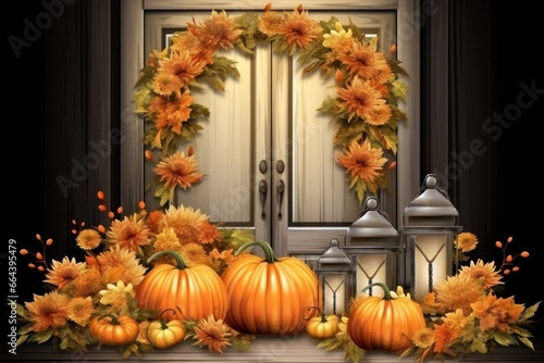 Beautiful door with autumn decoration with pumpkin candle  wheat ears and sunflowers and realistic bows  isolated on a white background .