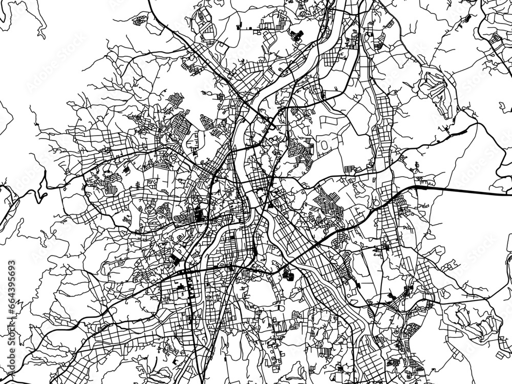 Obraz premium Vector road map of the city of Iizuka in Japan with black roads on a white background. 4:3 aspect ratio.