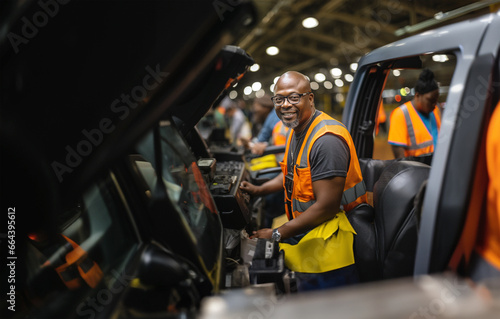 Black Man in orange vest working at a car assembly, horizontal