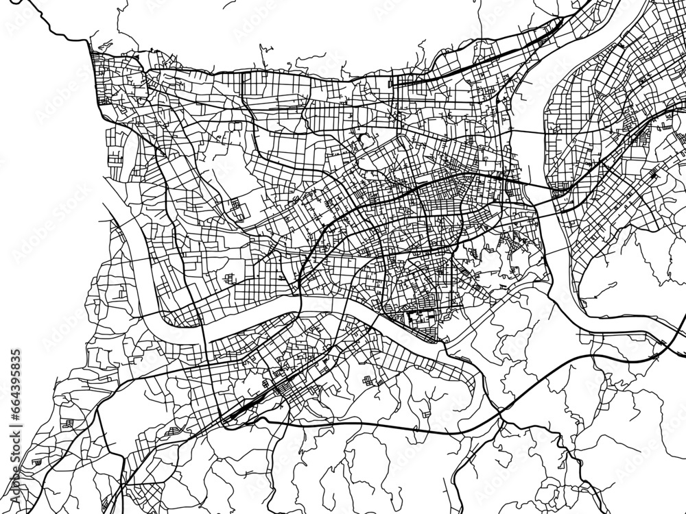 Vector road map of the city of  Izumo in Japan with black roads on a white background. 4:3 aspect ratio.