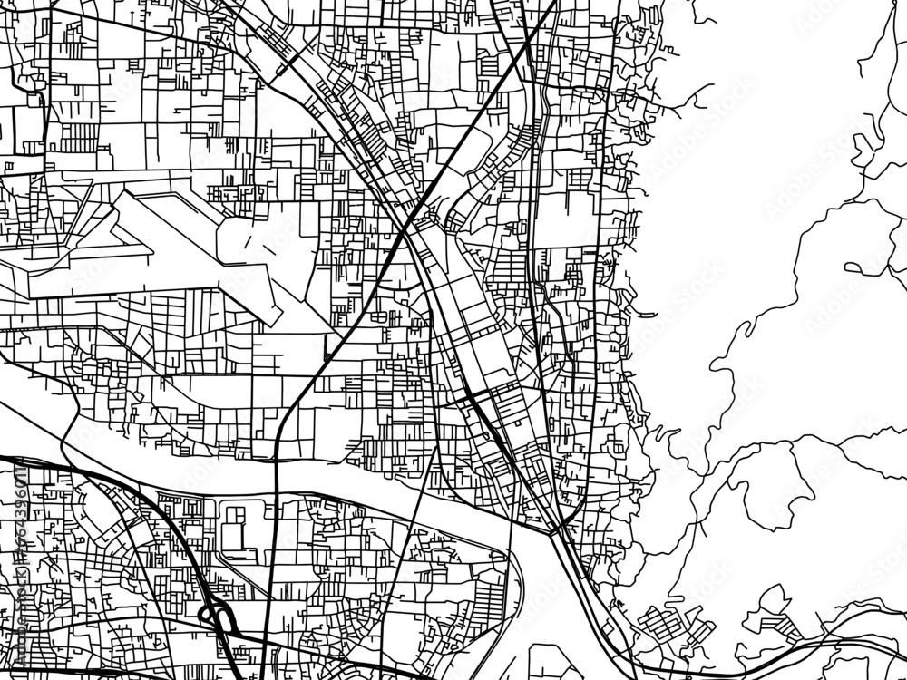 Vector road map of the city of  Kashihara in Japan with black roads on a white background. 4:3 aspect ratio.