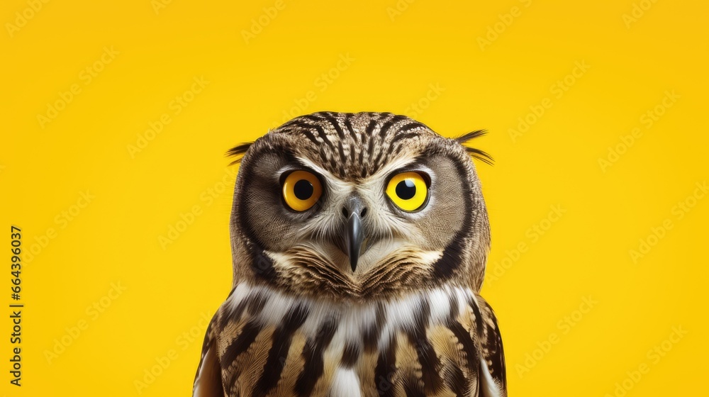 Obraz premium Beautiful owl with yellow eyes isolated on yellow background. Banner Copy space. Ai generative