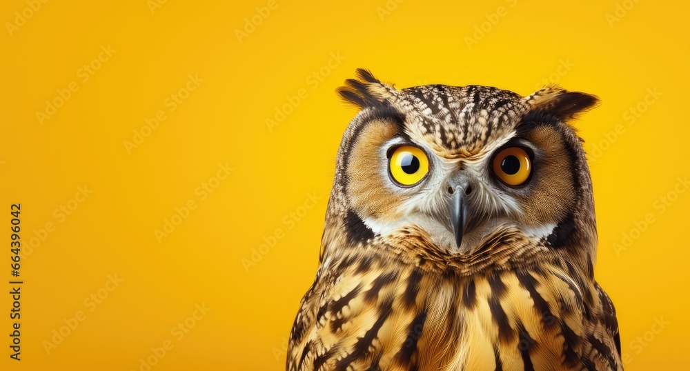 Beautiful owl with yellow eyes isolated on yellow background. Banner Copy space. Ai generative Beautiful owl with yellow eyes isolated on yellow background. Banner Copy space. Ai generative