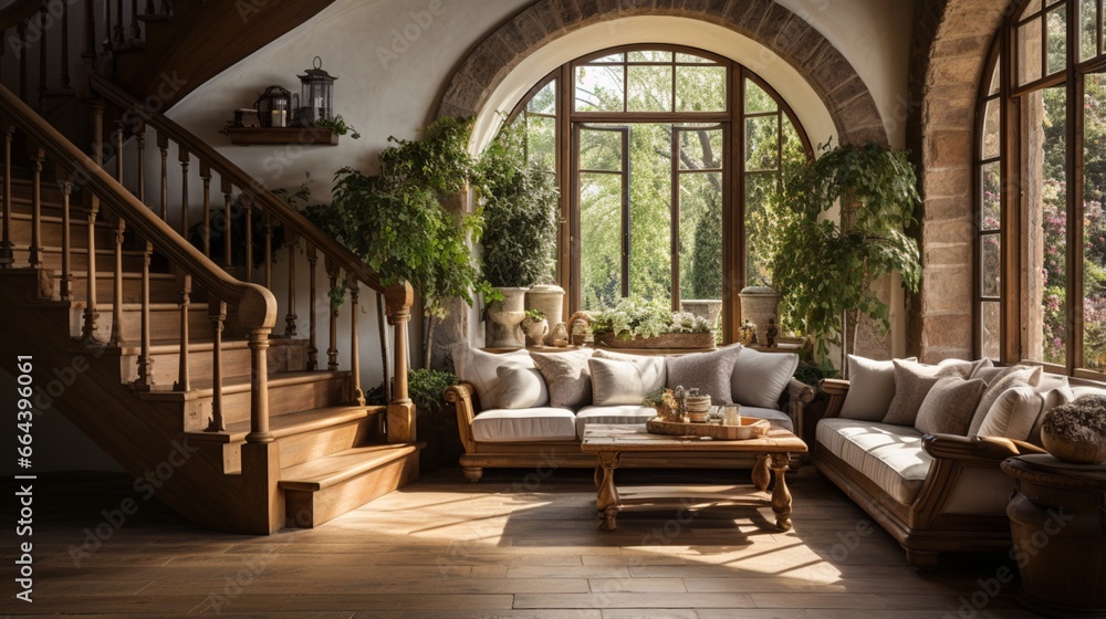 Rustic style interior design of an entrance hall in a country house with a staircase and an arched window