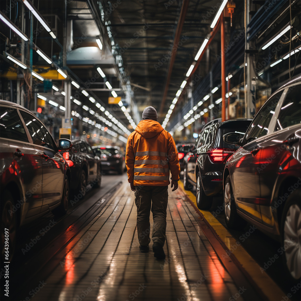 Worker interacting with a vehicle in a factory - wide angle