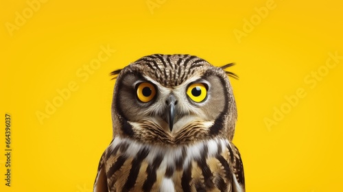 Beautiful owl with yellow eyes isolated on yellow background. Banner Copy space. Ai generative