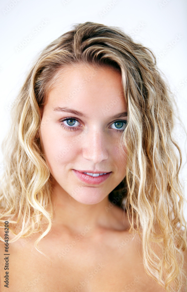 Portrait, happy woman and hair care, curls or natural beauty cosmetic in studio. Face, blonde model and smile for hairstyle in salon, healthy facial skincare or wellness isolated on white background Portrait, happy woman and hair care, curls or natural beauty cosmetic in studio. Face, blonde model and smile for hairstyle in salon, healthy facial skincare or wellness isolated on white background