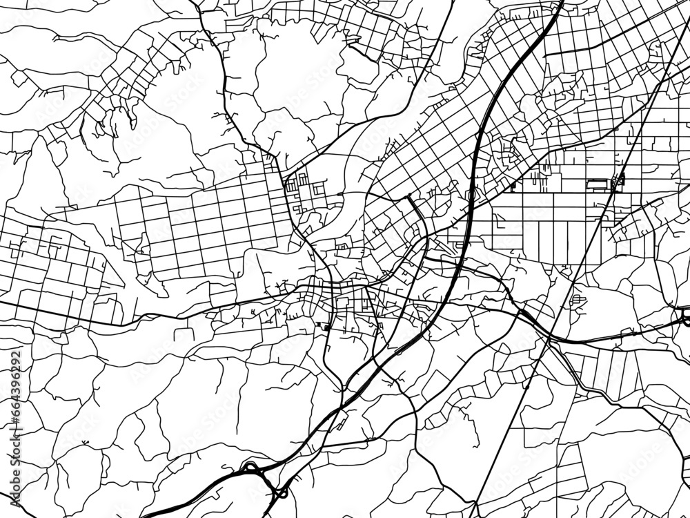 Vector road map of the city of  Kurihara in Japan with black roads on a white background. 4:3 aspect ratio.