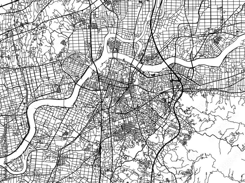 Naklejka premium Vector road map of the city of Kurume in Japan with black roads on a white background. 4:3 aspect ratio.