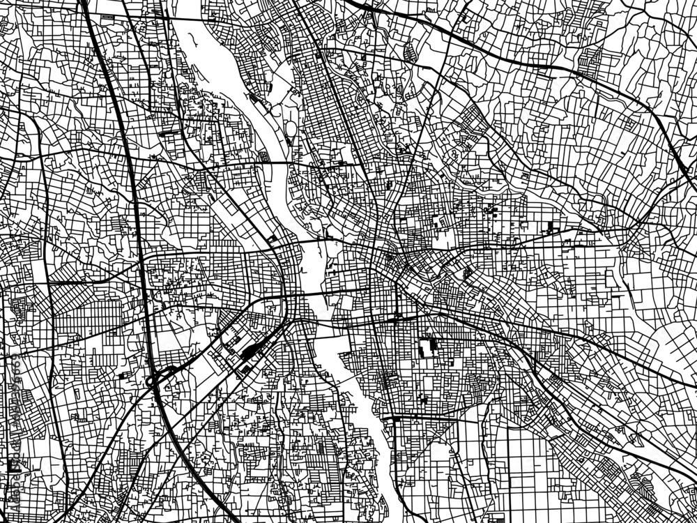 Fototapeta premium Vector road map of the city of Maebashi in Japan with black roads on a white background. 4:3 aspect ratio.
