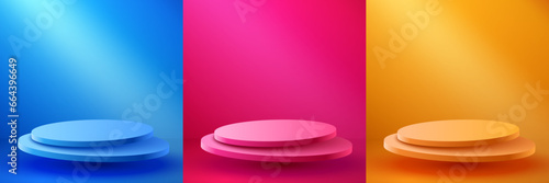 Abstract scene background. Cylinder podium on colorful background. Product presentation, mock up, show cosmetic product, Podium, stage pedestal or platform. Vector illustration