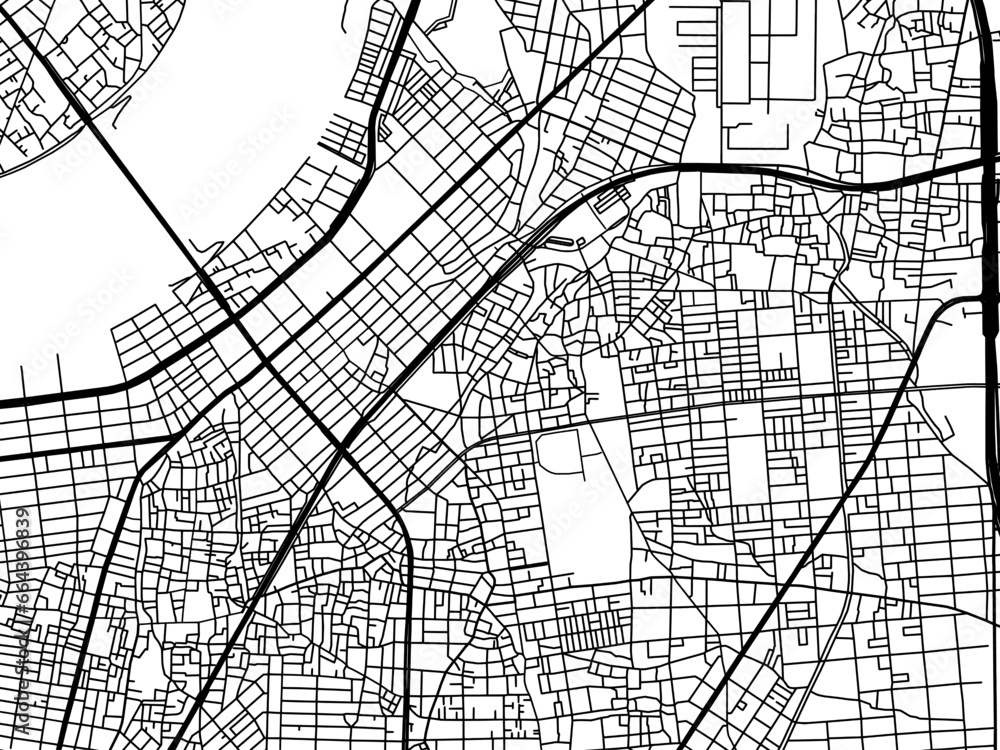 Naklejka premium Vector road map of the city of Moriguchi in Japan with black roads on a white background. 4:3 aspect ratio.