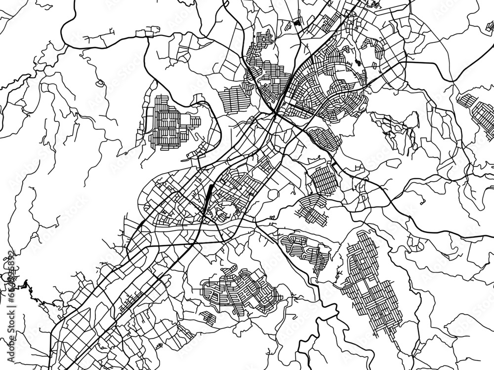 Naklejka premium Vector road map of the city of Nabari in Japan with black roads on a white background. 4:3 aspect ratio.