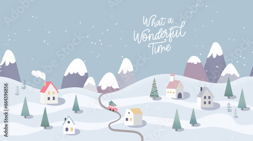 Lovely hand drawn winter landscape. Christmas banner. Cute houses in a snowy valley. Horizontal seamless landscape.