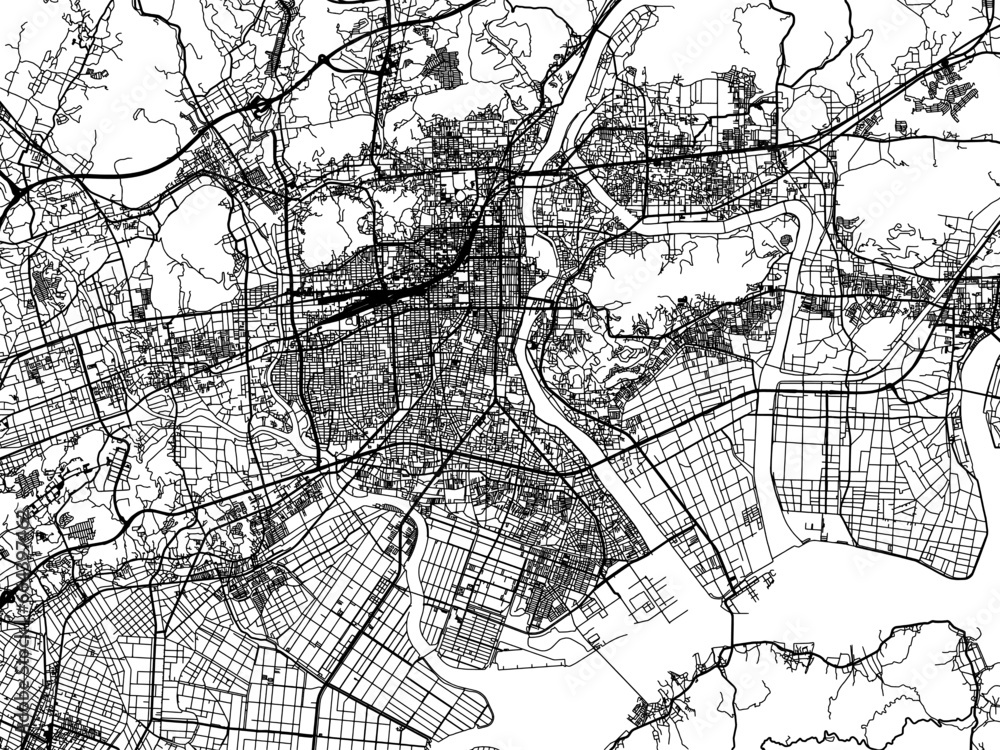 Vector road map of the city of  Okayama in Japan with black roads on a white background. 4:3 aspect ratio.