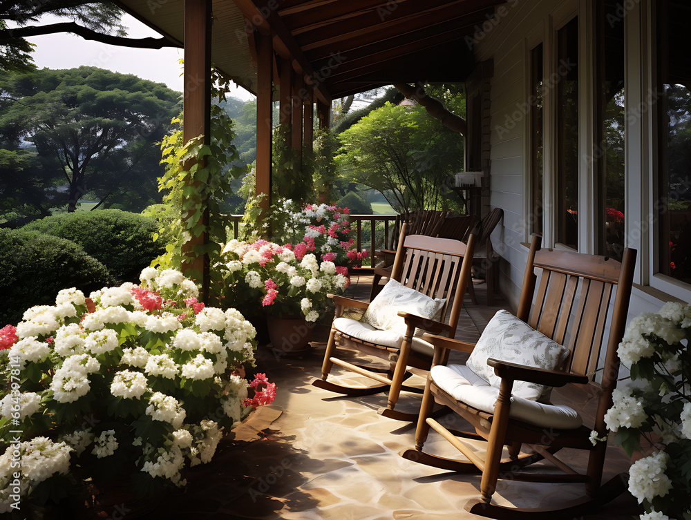 Countryside Porch with Wooden Rocking Chairs and Floral Cushions