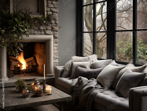 Grey Sofa by the Fireplace