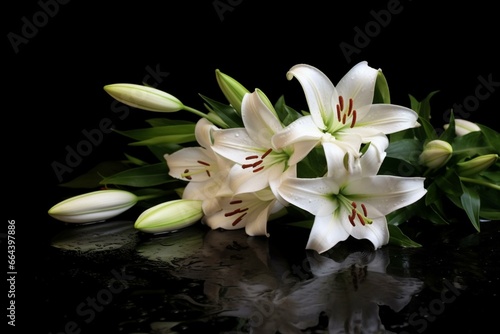 Lilies in condolence card on black background, funeral concept image. Generative AI