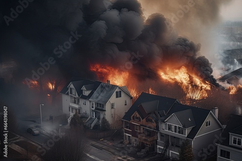 Firefighters and burning house in the background.AI Generated 