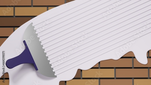 Bilde på lerret NOT AI 3D rendering of wide construction spatula prepares surface of brick wall for gluing tiles