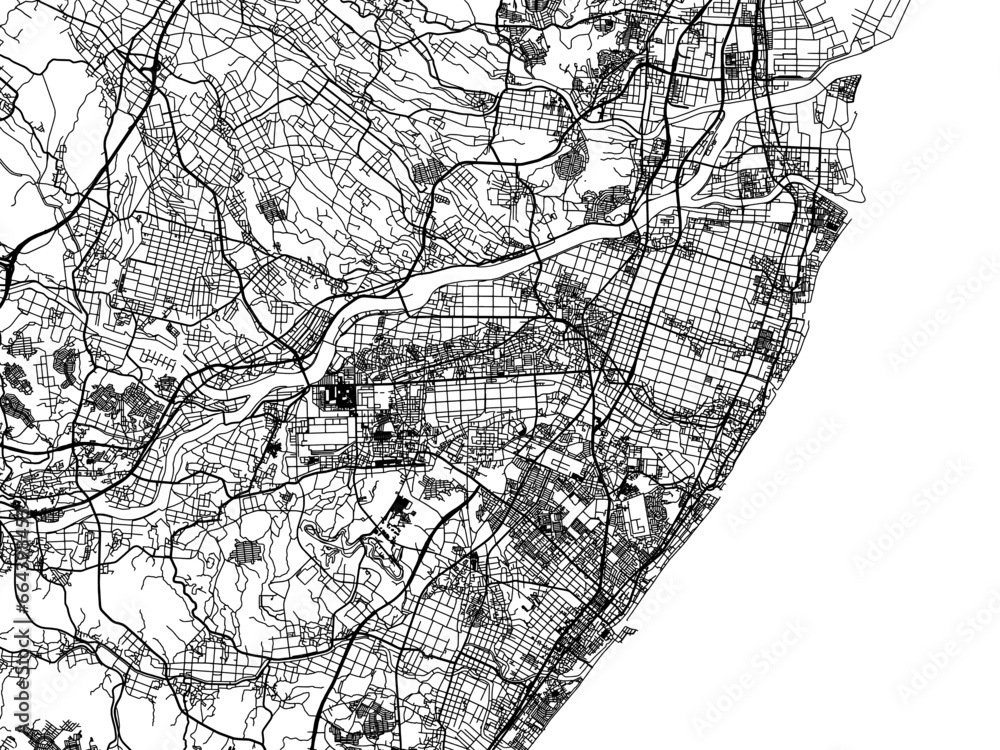 Naklejka premium Vector road map of the city of Suzuka in Japan with black roads on a white background. 4:3 aspect ratio.