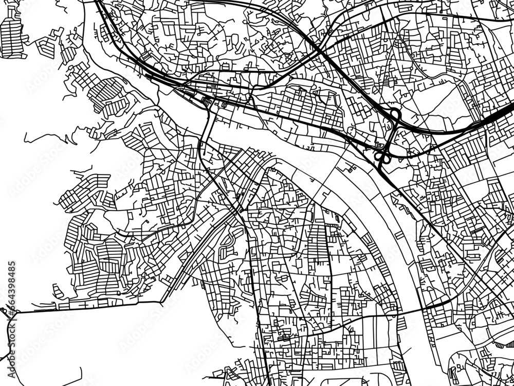 Naklejka premium Vector road map of the city of Takarazuka in Japan with black roads on a white background. 4:3 aspect ratio.