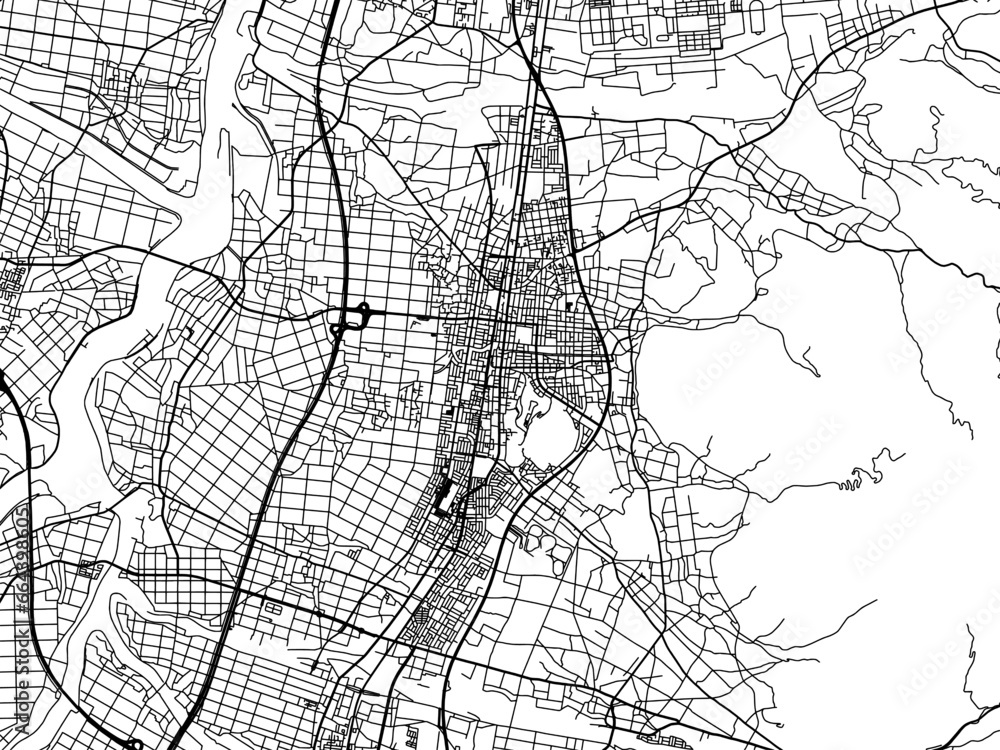 Vector road map of the city of  Tendo in Japan with black roads on a white background. 4:3 aspect ratio.