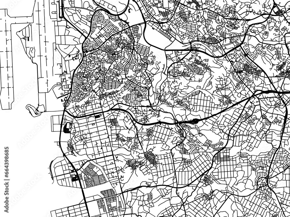 Obraz premium Vector road map of the city of Tomigusuku in Japan with black roads on a white background. 4:3 aspect ratio.