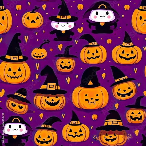 halloween seamless pattern,halloween orange background, american retro halloween style, color is mainly purple, yellow and black, there are pumpkin, cat, ghost,which hats,generative AI