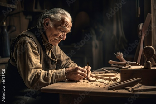 Old man wood worker.AI generated	
 photo