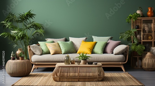 Scandinavian home interior design of a modern living room with a grey sofa with colorful cushions against a green wall with rattan vases photo