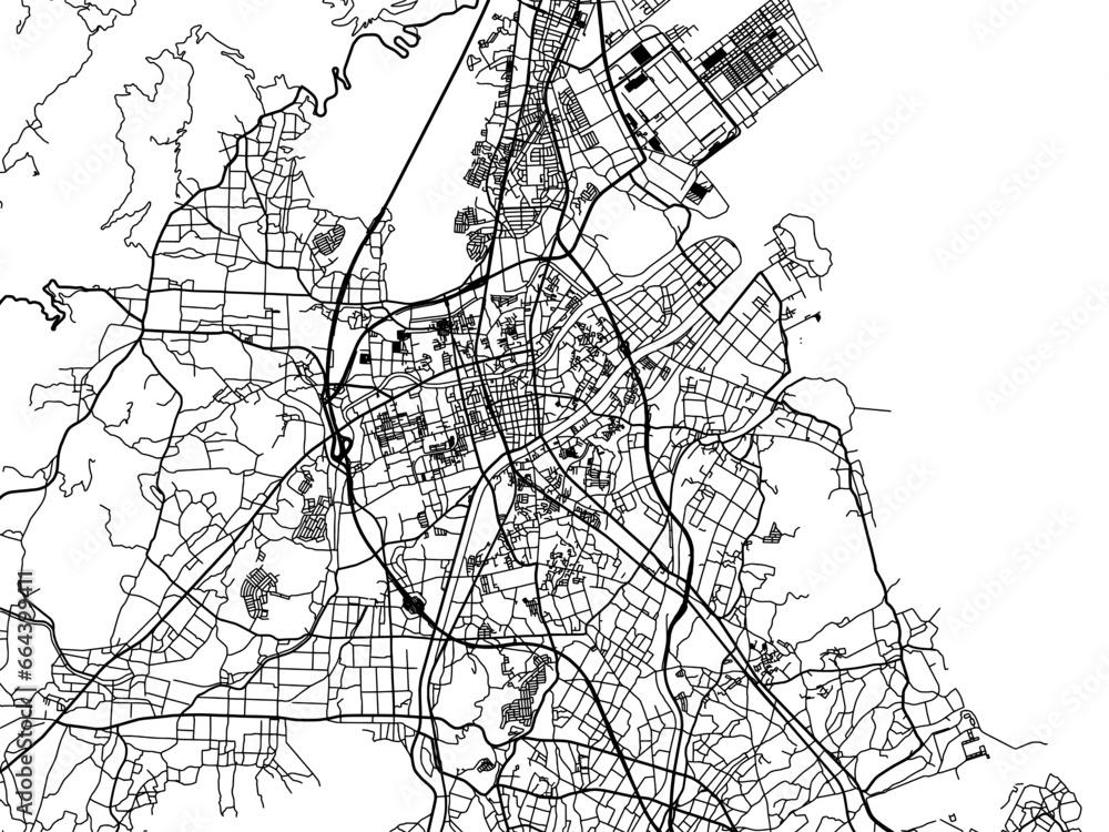 Vector road map of the city of  Yukuhashi in Japan with black roads on a white background. 4:3 aspect ratio.
