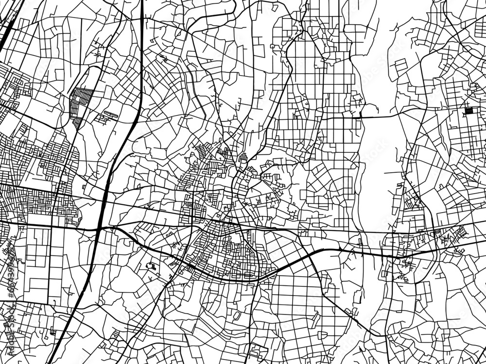 Vector road map of the city of  Yuki in Japan with black roads on a white background. 4:3 aspect ratio.