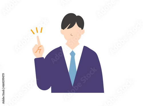 指差しをしてポイントを説明する日本人のビジネスマンのフラットな半身イラスト