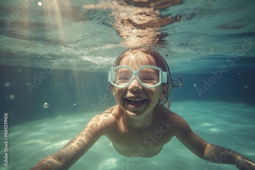 little girl deftly swim underwater in pool.AI Generated photo