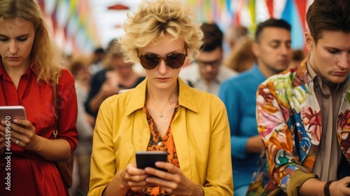 A crowd of people, where everyone is immersed in their mobile gadget, disconnected from the real world. Emotionless interaction concept.