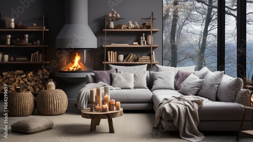 Scandinavian hygge home interior design of a modern living room with a grey sofa with a woven blanket near a fireplace © Newton